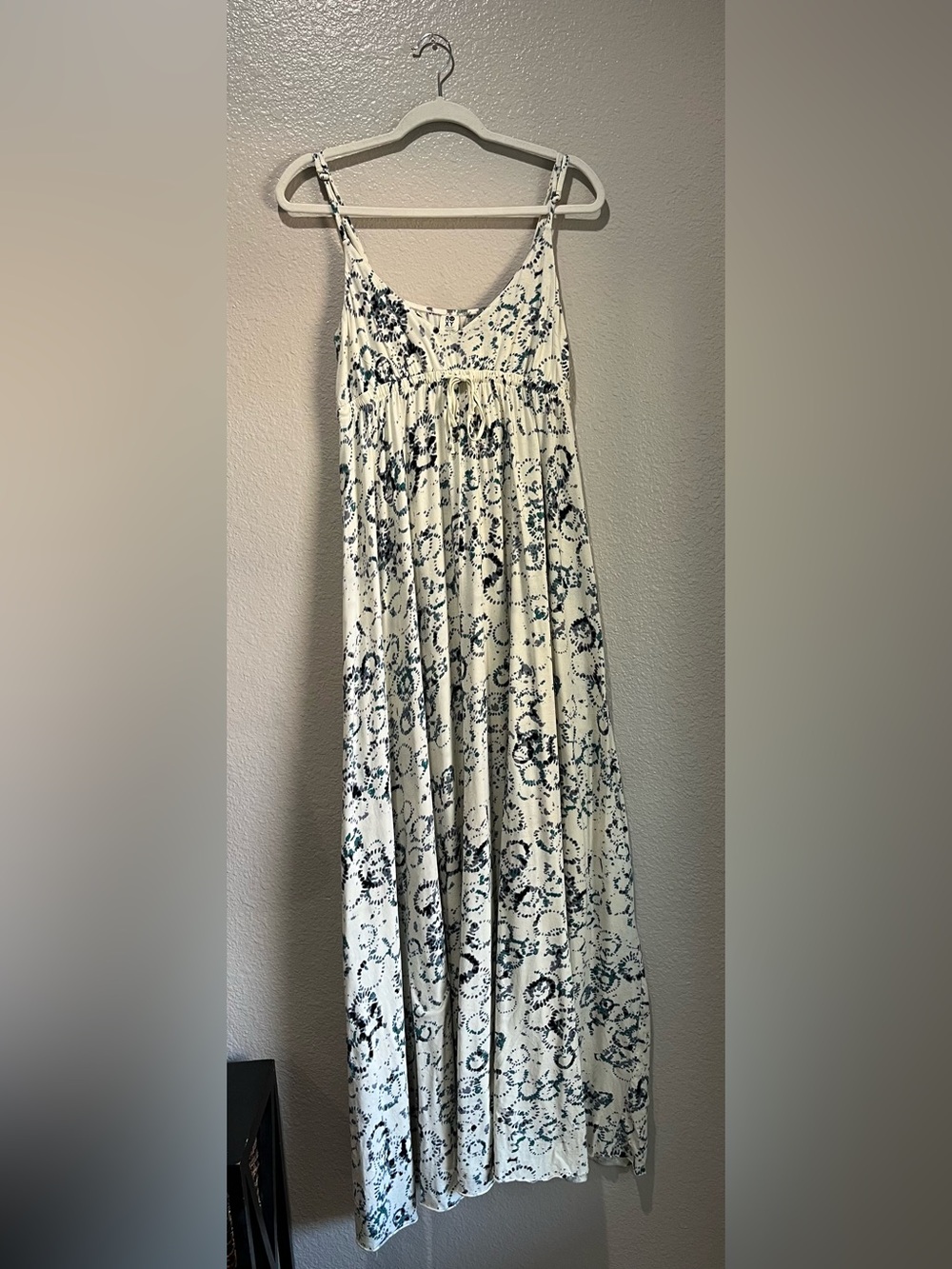 ROXY Sleeveless White Printed Maxi Dress Teal Black Design Sz L Boho Chic